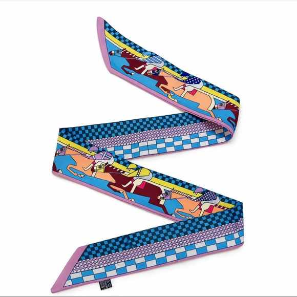 HORSE JOCKEY SKINNY SCARF BANDEAU BAG HANDLE WRAP CHECKERED PASTEL PURPLE PRINT - Picture 4 of 4
